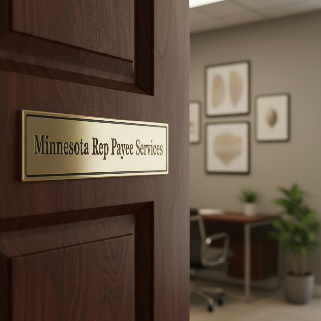 The entrance to a Minnesota Representative Payee Services office is pictured, with a door featuring a sign bearing this ti...