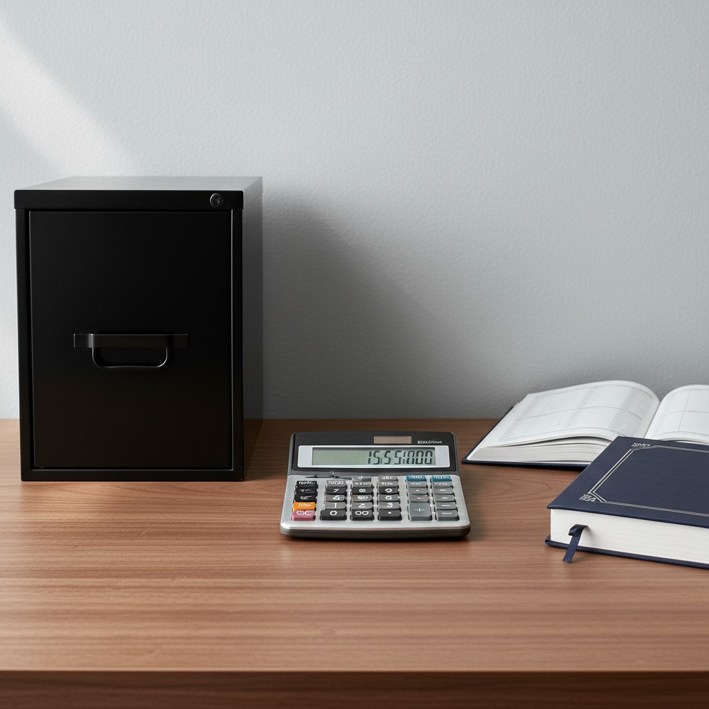 calculator, closed journal, and closed desk file under wooden desk.